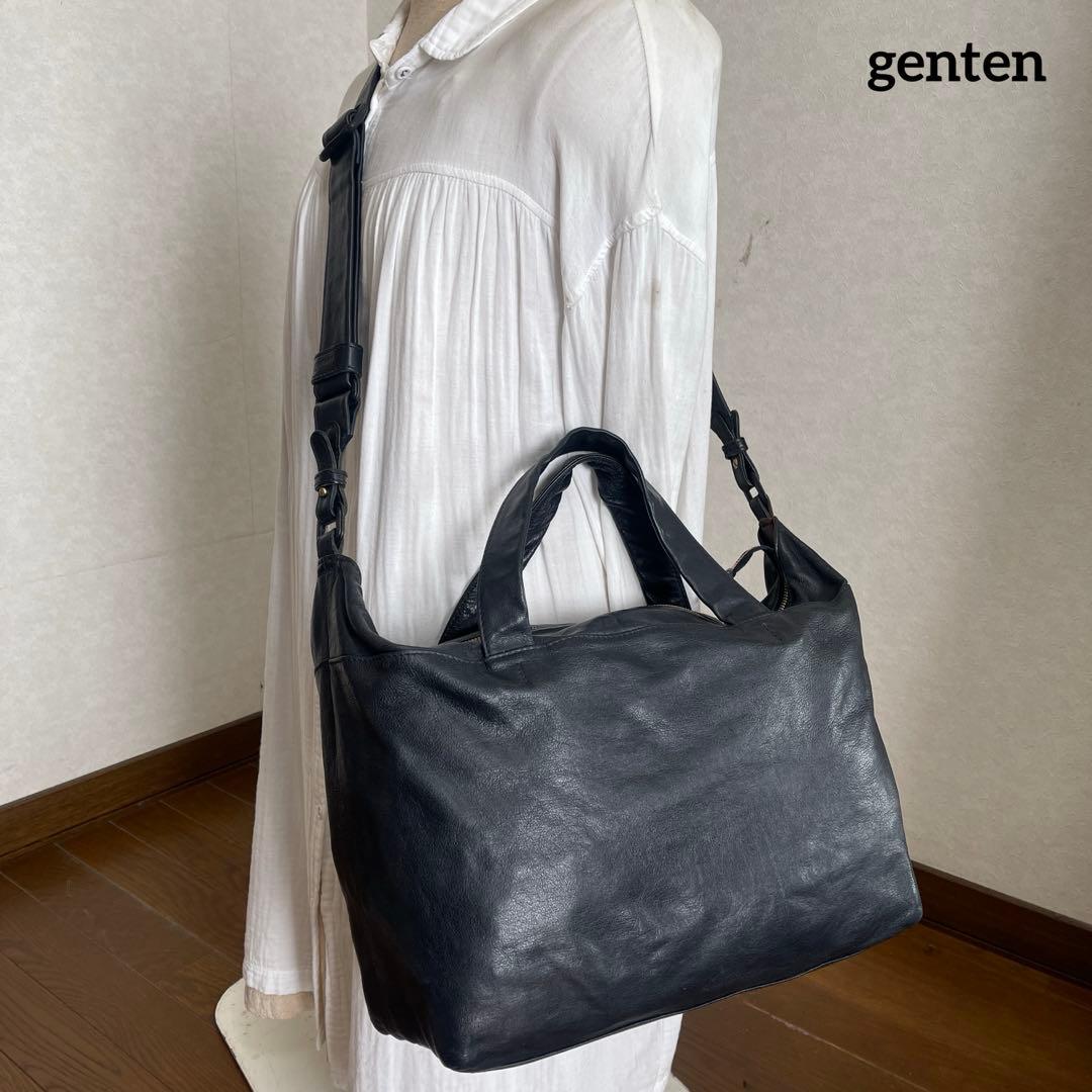 ◇ genten ゲンテン バッジョ2wayレザーショルダーバッグ ネイビー ◇
