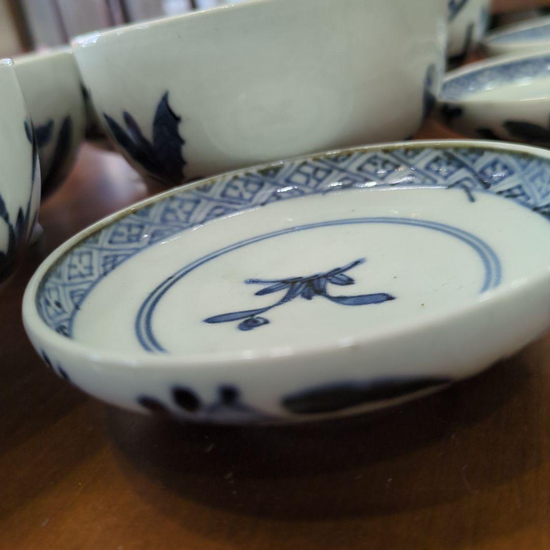 骨董　古伊万里　染め付け　蓋付き　茶碗　向付　アンティーク　5つ