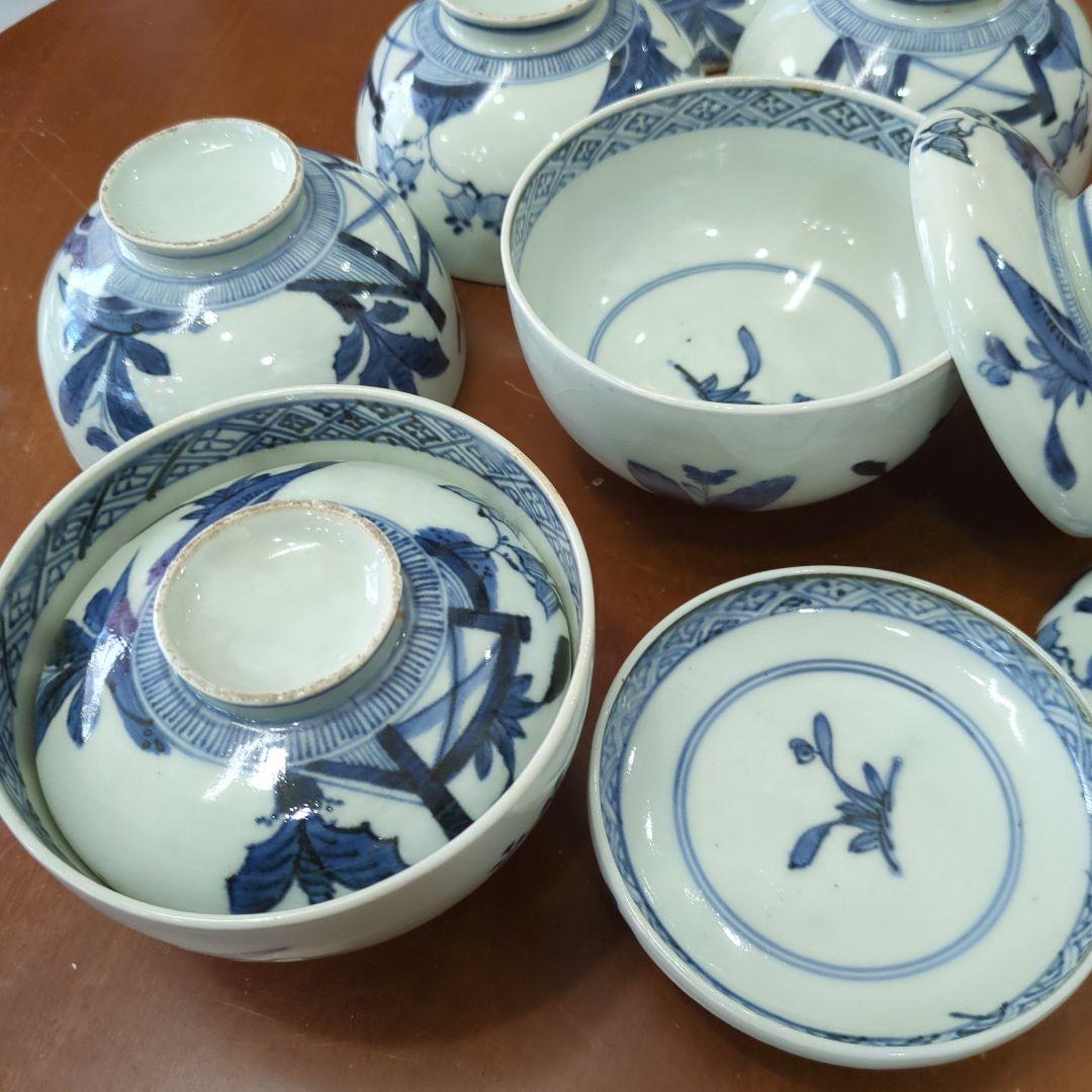 骨董　古伊万里　染め付け　蓋付き　茶碗　向付　アンティーク　5つ