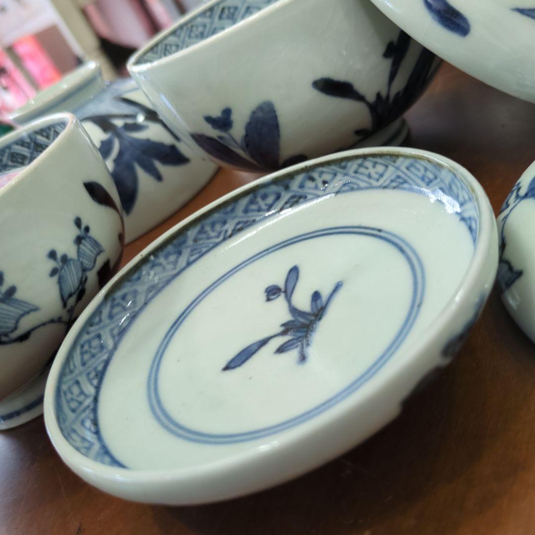 骨董　古伊万里　染め付け　蓋付き　茶碗　向付　アンティーク　5つ