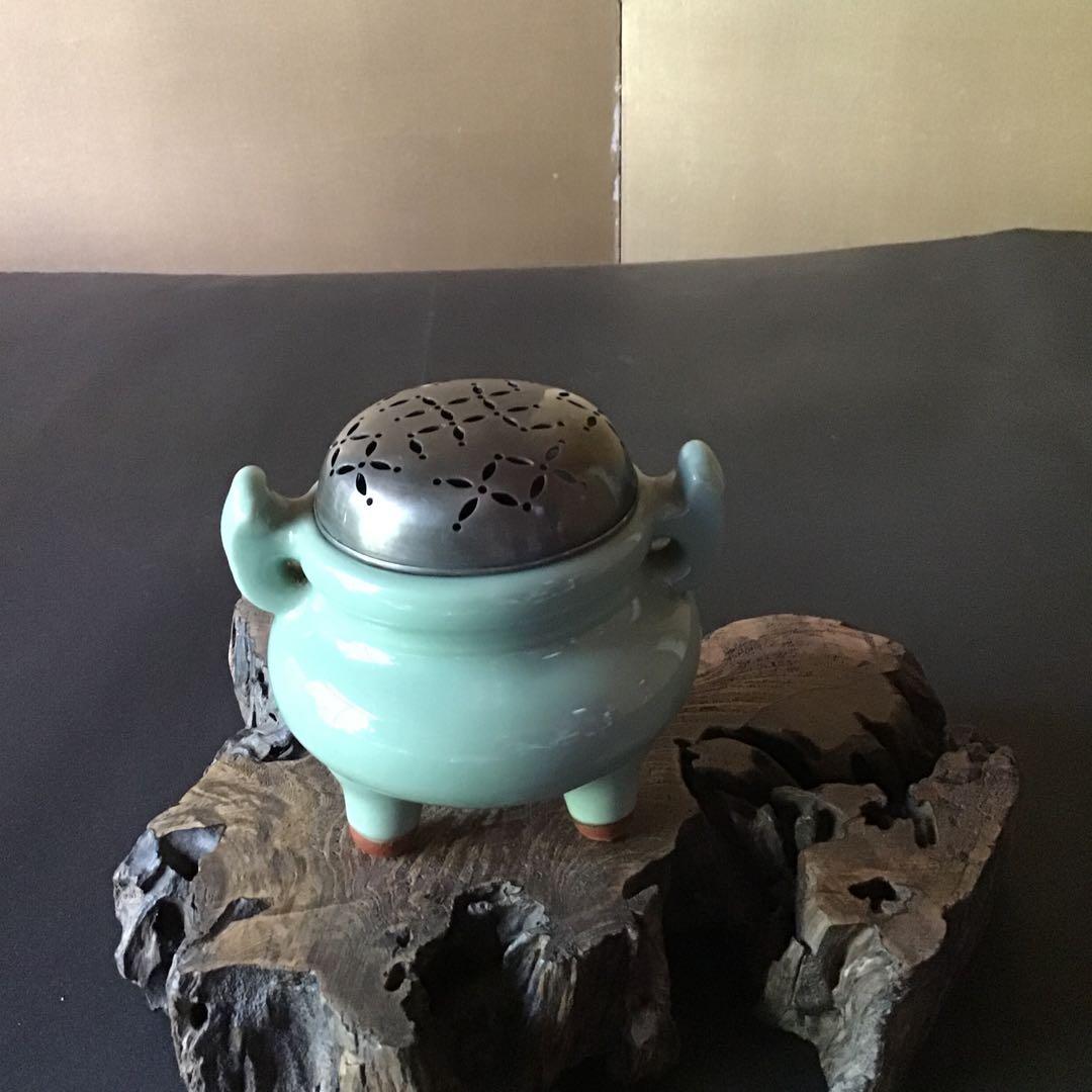 青磁　銀製麻の葉透かし火屋　香炉