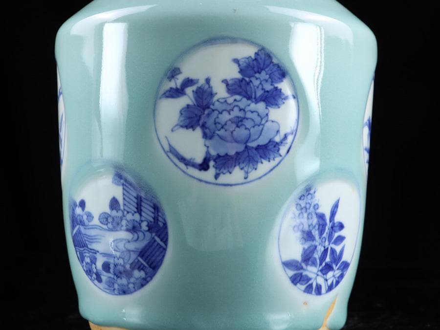 Y2463 時代物 中国 青磁 染付 青花獣双耳瓶 大花瓶 高さ26㎝