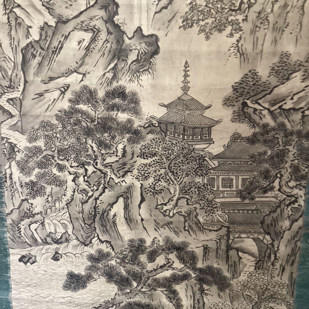 狩野山楽　【紙本水墨画双幅　楼閣山水図】　共箱　　掛軸双幅　　軸先は骨　稀有品