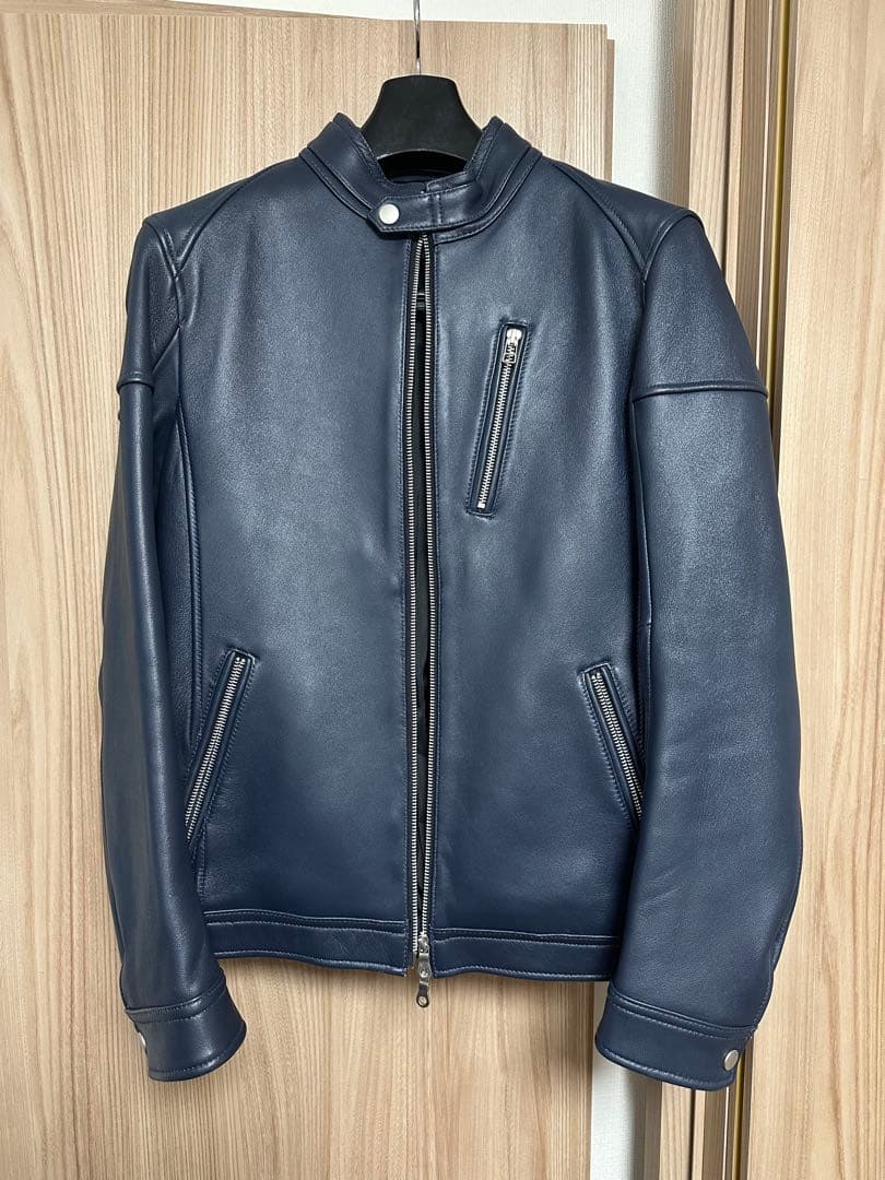 ネイビー シングルライダースジャケット L 革ジャン