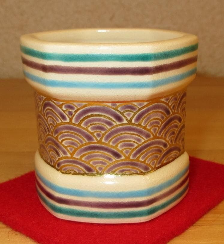 送料込【逢絢亭・新品】茶道具 蓋置 京焼 六角 青海波の絵 手塚石雲 共箱入り