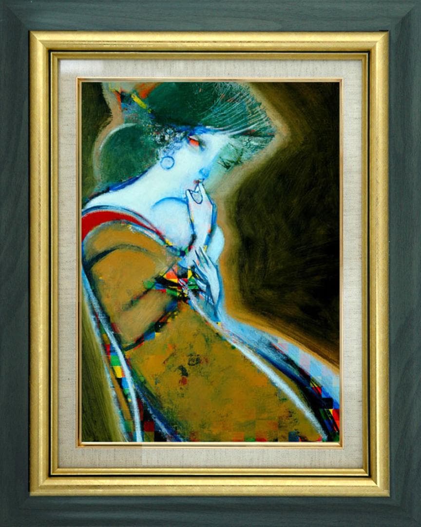 油絵 菅家令子 絵 絵画インテリア額付( 青緑＋金色の枠)F4-080514女性