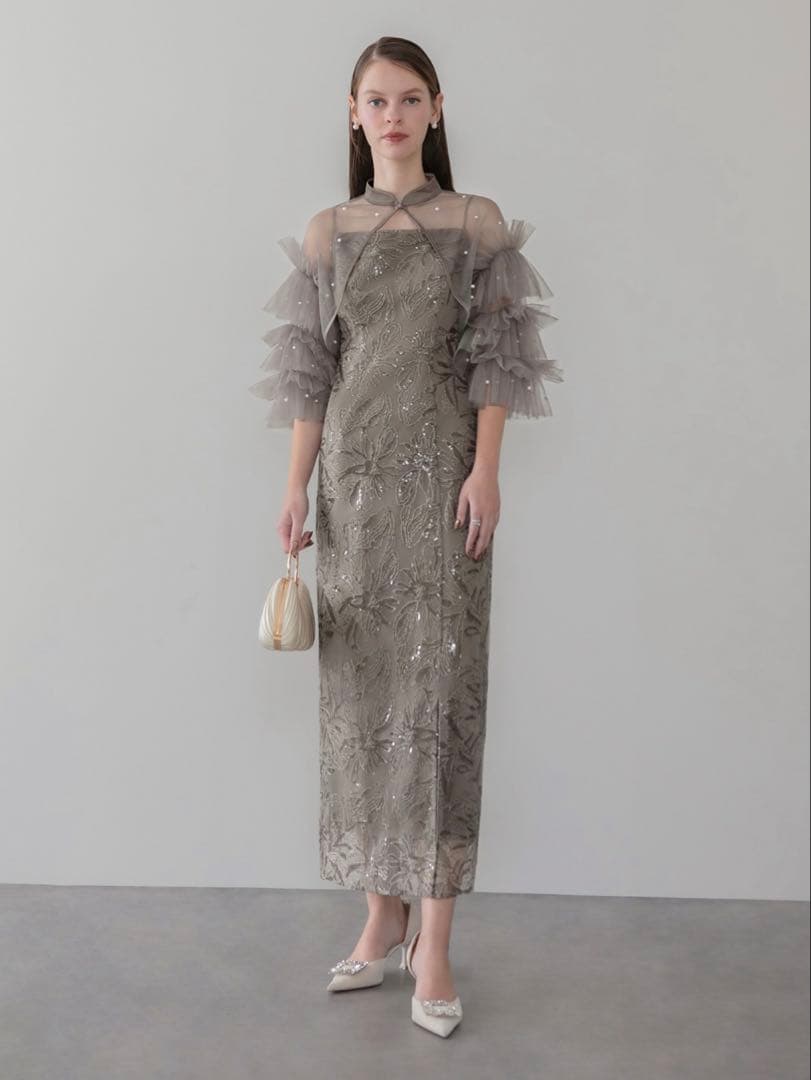 パールフリルチュールボレロレイヤードIラインワンピースドレス結婚式パーティー