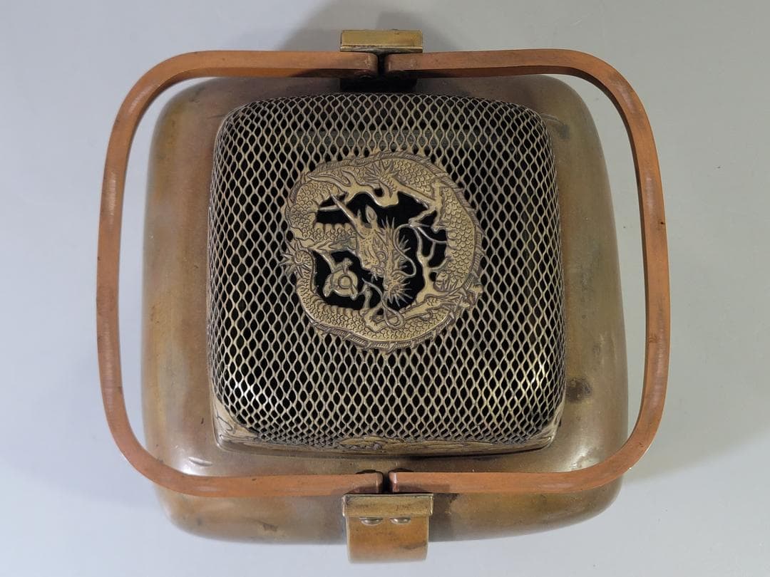 古銅 龍透かし火屋 手炙 香炉 時代物 DT624