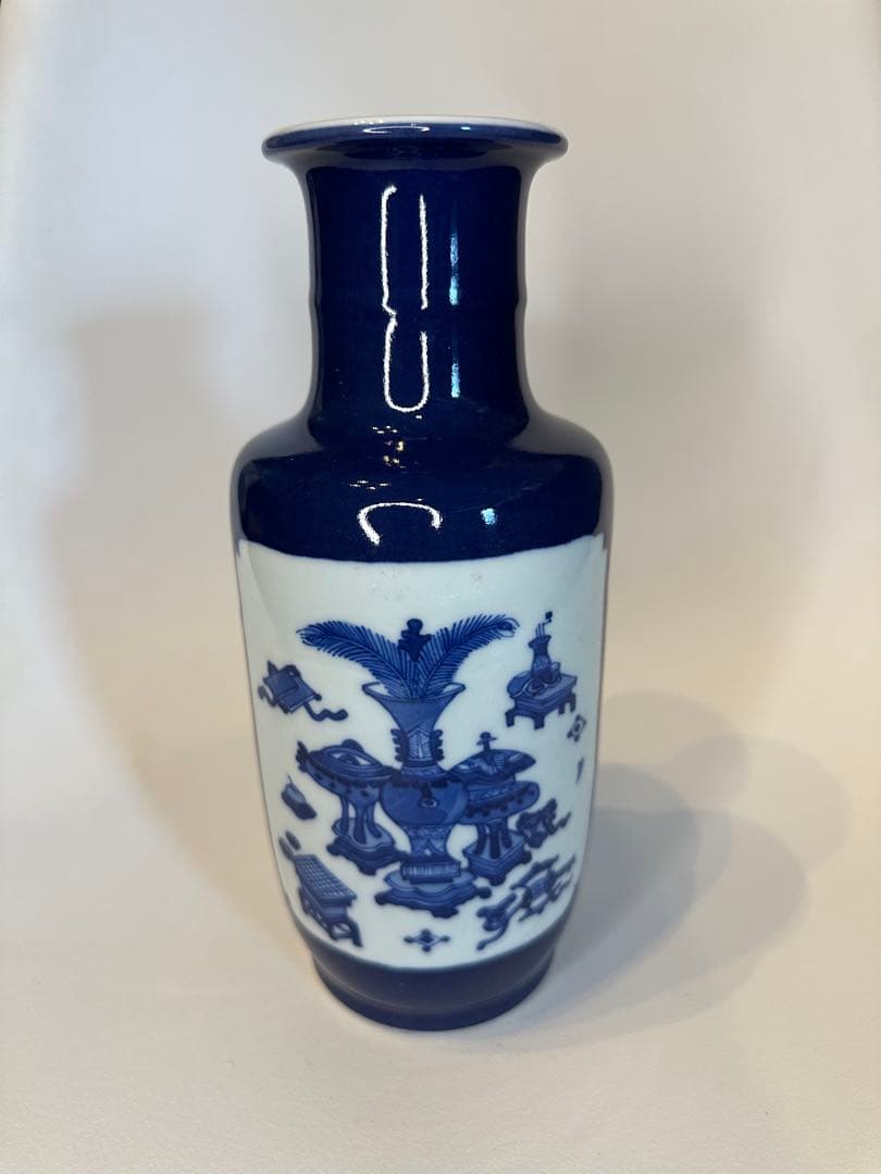 最終價格 清時代 染付山水博古花瓶 中国 骨董 古董 古い 花瓶