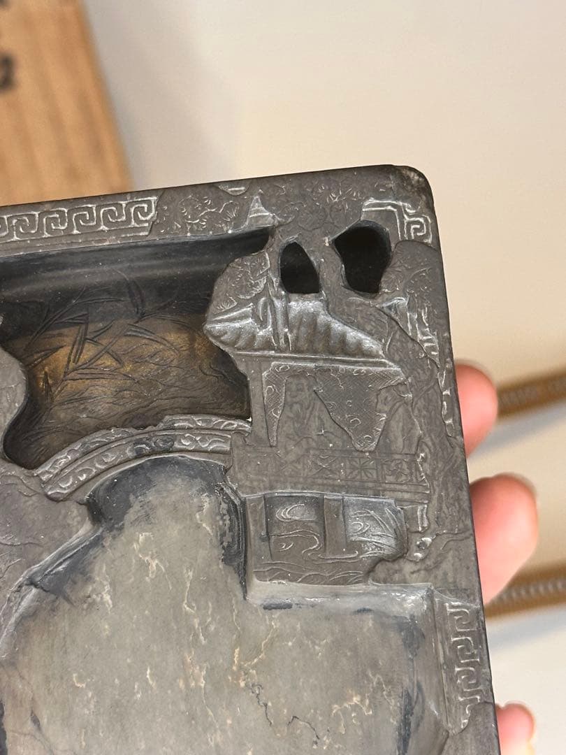 希少 宋時代 緑石 蘭亭硯 四面彫刻 稀少品 蓋・台座・共箱付