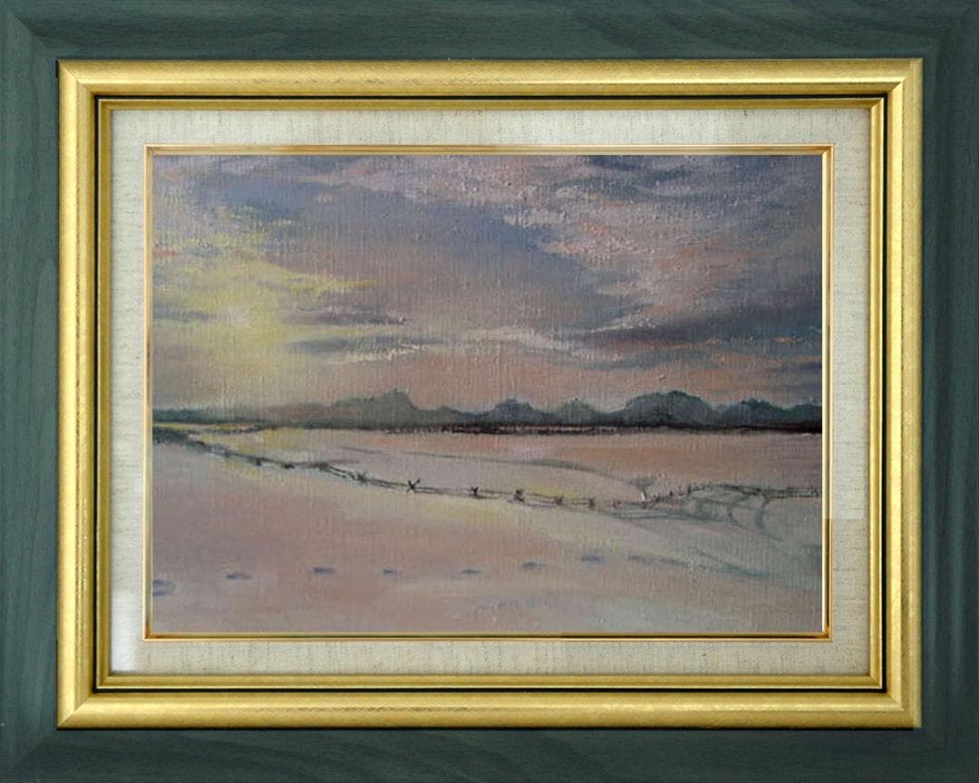 油絵 菅家令子 絵 絵画インテリア額付(青緑＋金色の枠)F6-030707雪風景