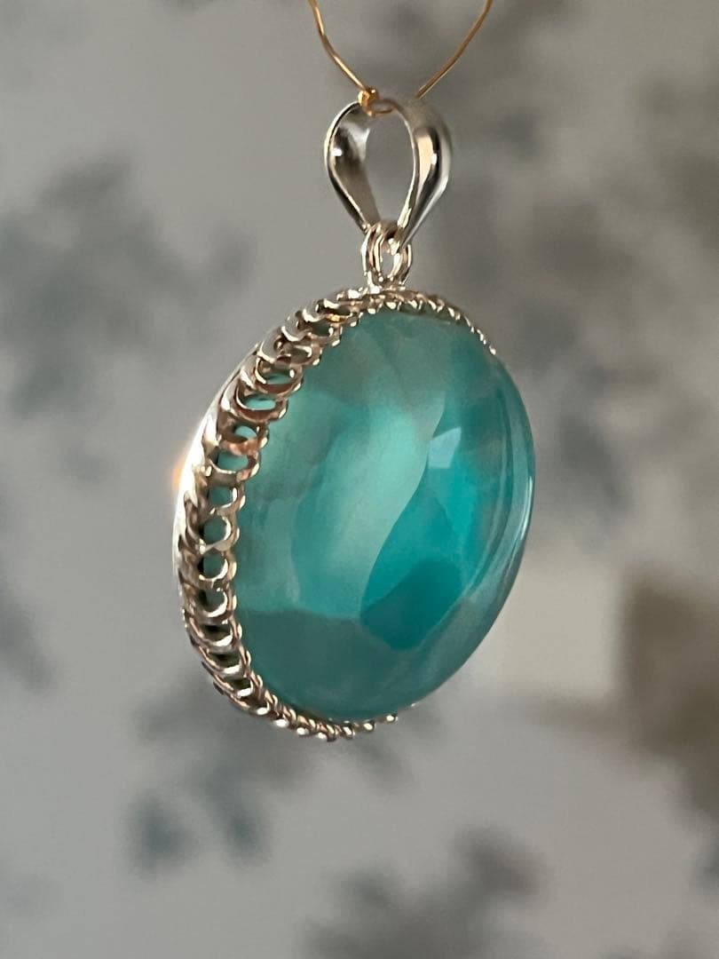 天然石☆高品質！ラリマーまる型ペンダントップ☆ワク付き☆濃いブルー＆模様美しい