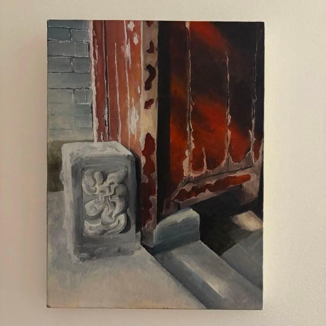 油彩画 北京胡同の四合院と夕日 原画