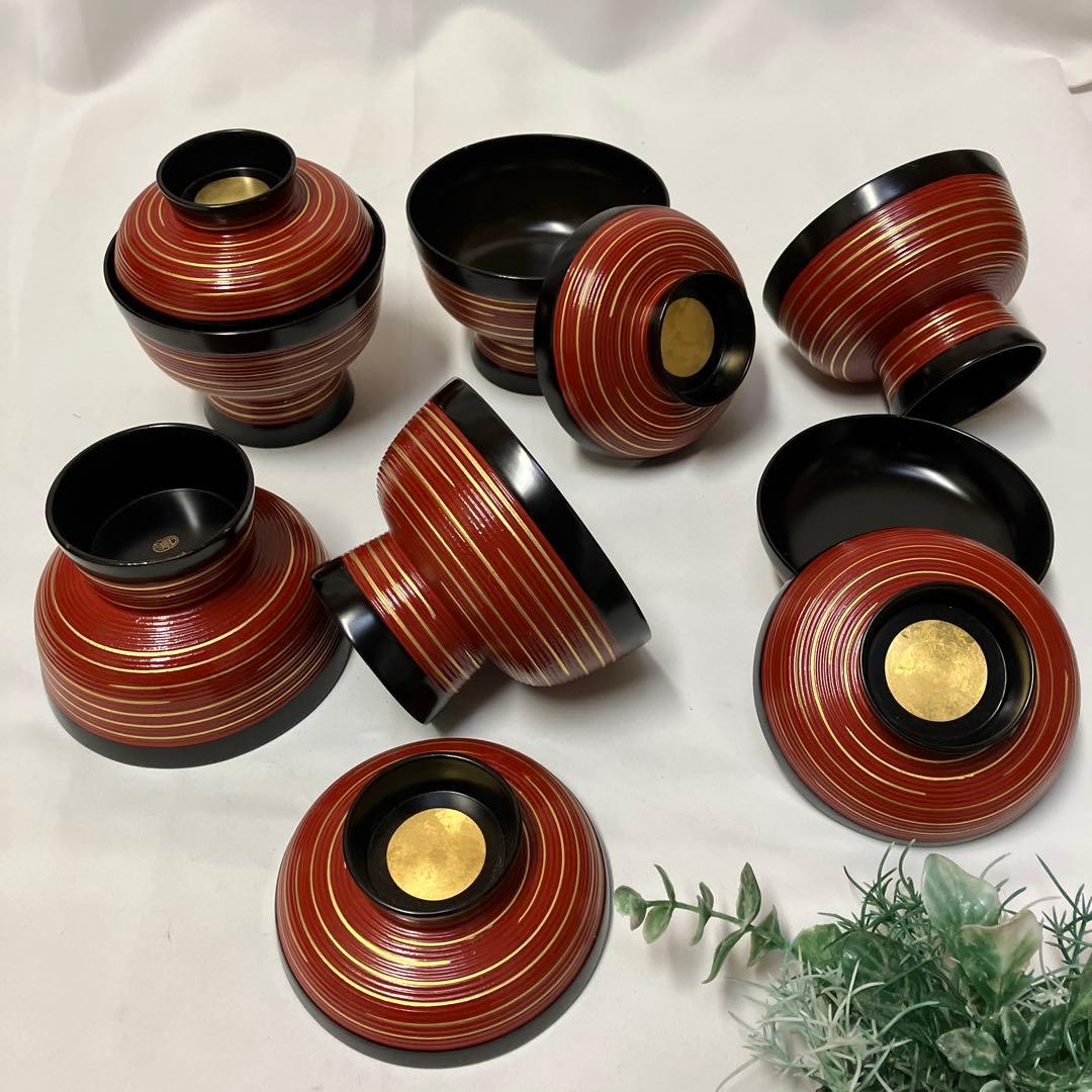 象彦　蓋つき汁椀　5客　吸物椀　木製漆器 金箔　千筋金彩　高級うるし塗り