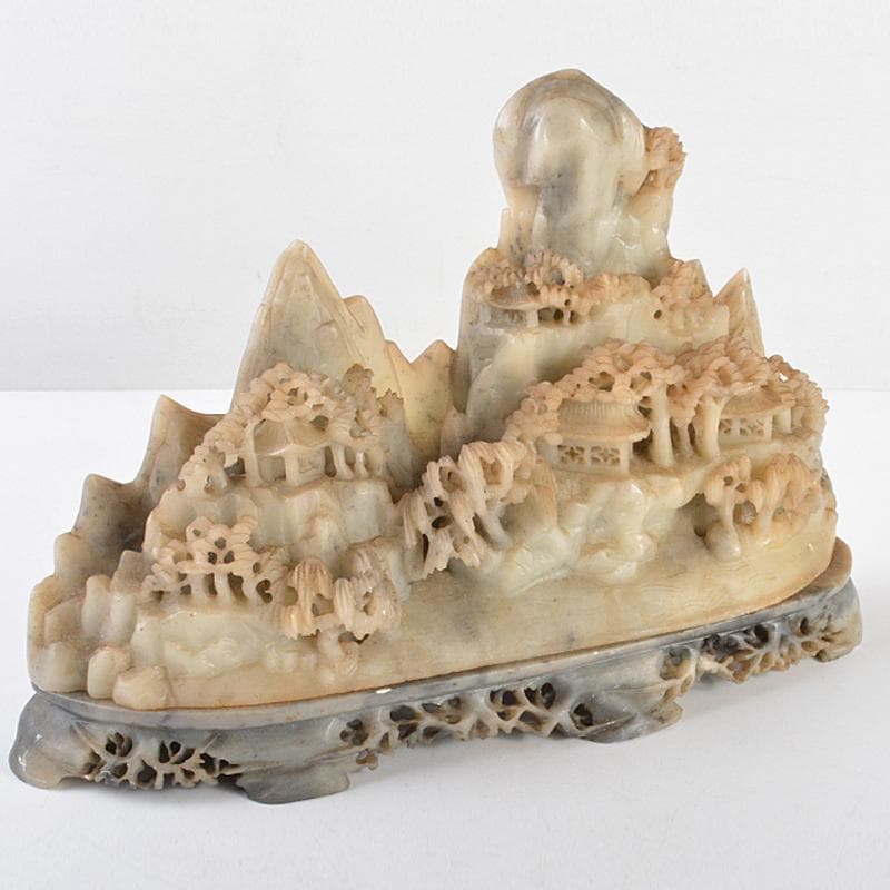 中国　玉石寿山石彫刻　楼閣山水雕　床飾　置物　V　R5747