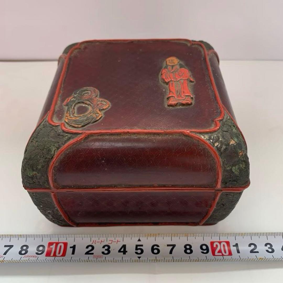 中国美術　堆漆細工刻『人物物語文』蓋物 木製漆塗 菓子器唐物茶道具