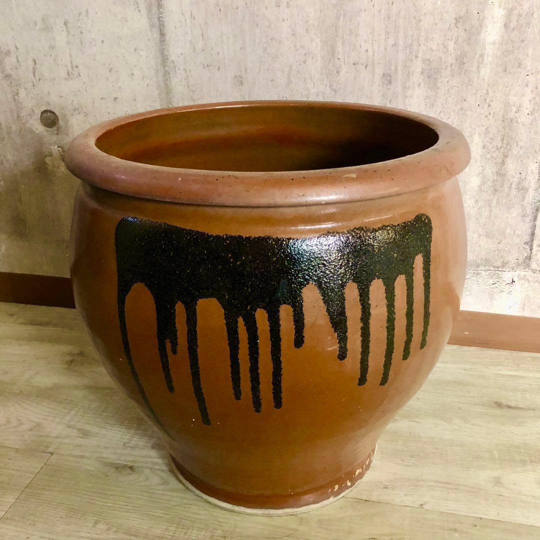 希少大型水甕かめつぼ漬物梅干し壺34cm水鉢睡蓮鉢陶器焼き物ビンテージ当時物