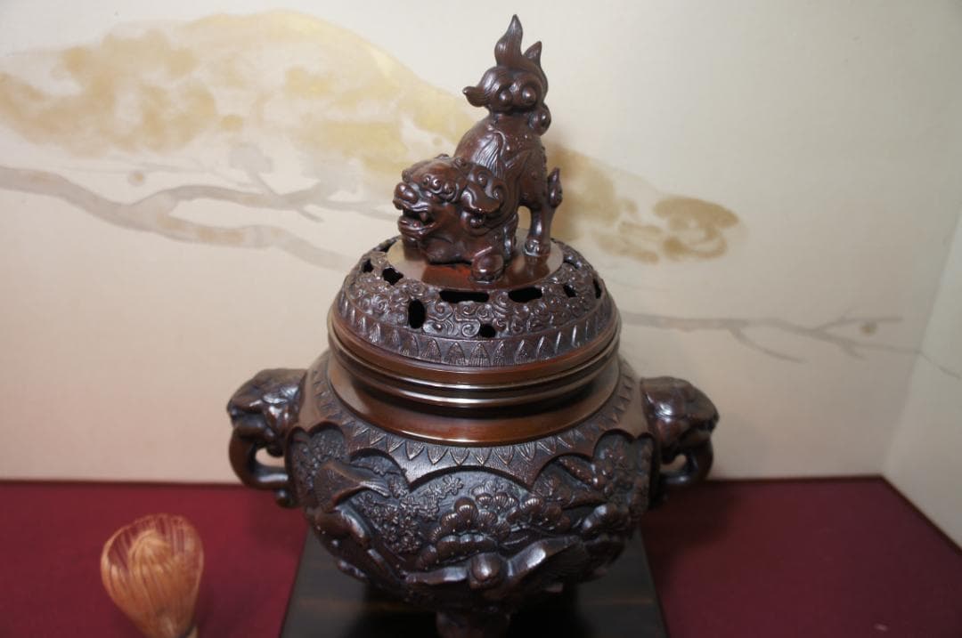 専用★美品 高岡銅器 瑞峰作 新特大 花鳥 高級銅製香炉工芸作家造 送料込み