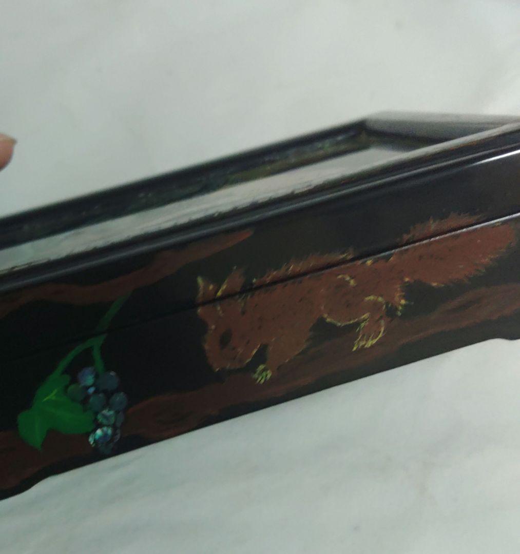 小箱　硝子絵　宝石箱　煙草入れ　漆絵　美人画　葡萄栗鼠　螺鈿　木製　ミ10