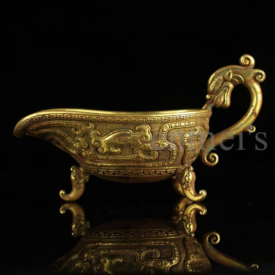 中国古美術・珍蔵純銅製・鎏金酒杯・高浮彫船型三足酒具・茶道具・酒器・風水置物