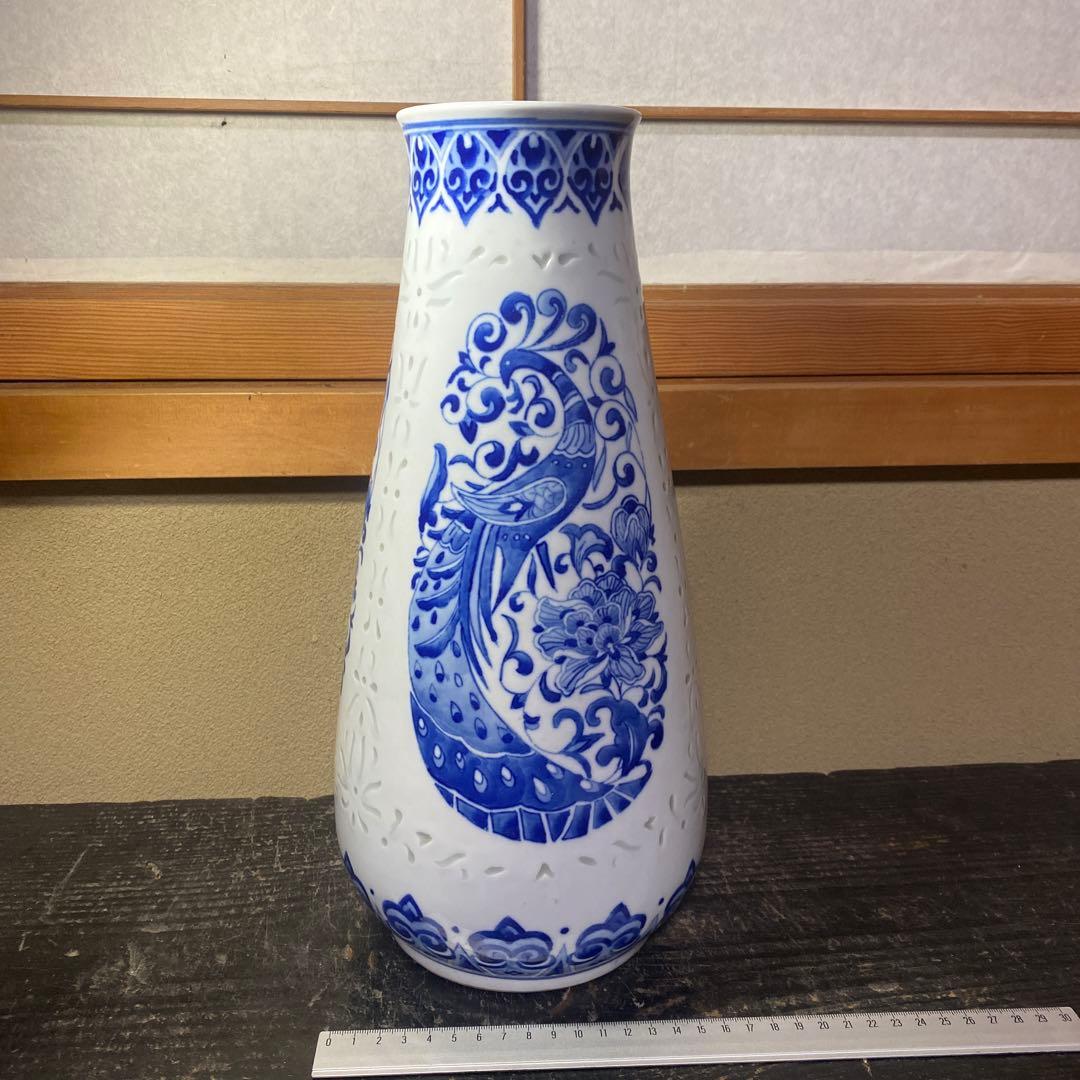 中国美術　蛍手染付花瓶　景徳鎮製