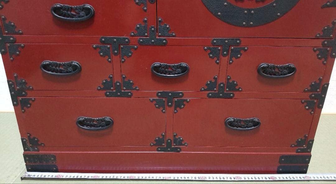 あべちゃん仙台箪笥　赤木肌木地呂漆塗り 彫金手打金具　高級　民芸家具