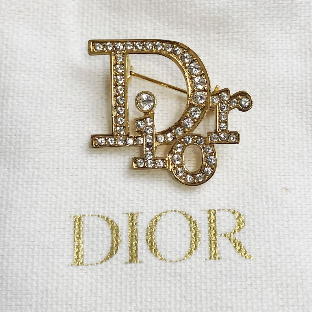 美品　クリスチャン　ディオール　ブローチ　ブランドロゴ　ラインストーン　ゴールド