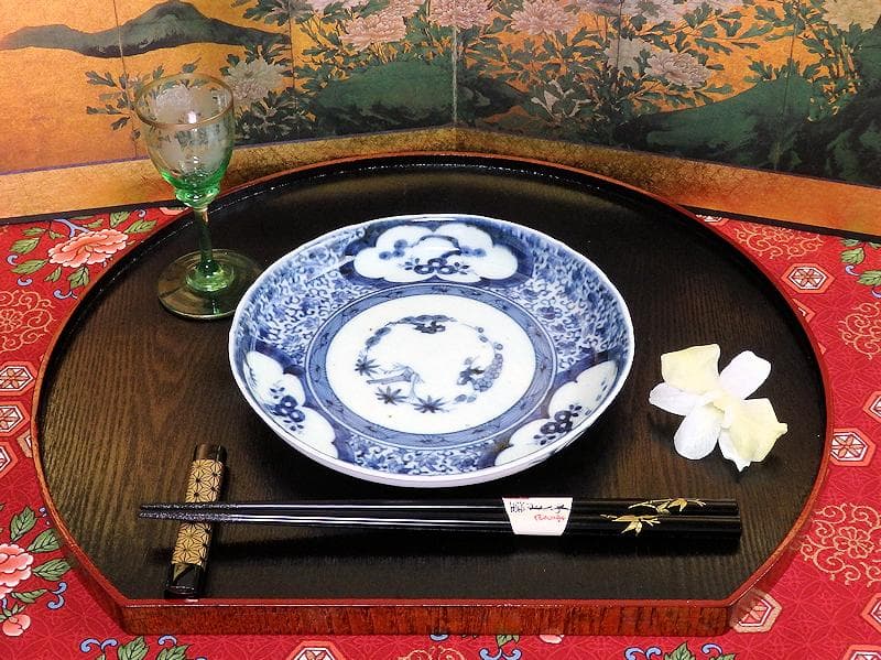 古伊万里　染付 窓絵　松竹梅に萩唐草の図　５寸半皿　291AS-CWt