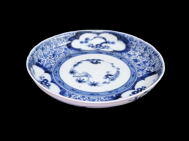 古伊万里　染付 窓絵　松竹梅に萩唐草の図　５寸半皿　291AS-CWt