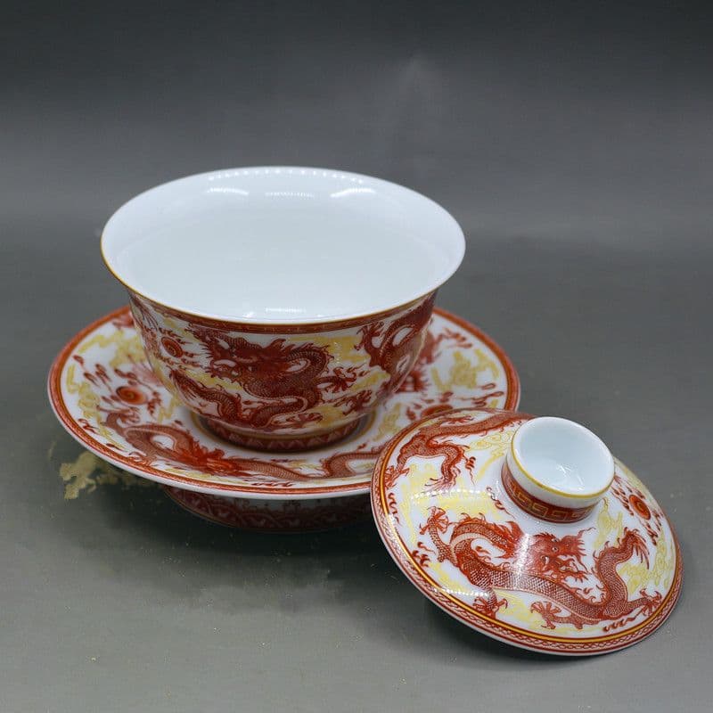中国茶器 紅竜三才蓋碗 茶碗 湯飲み煎茶器 新品未使用