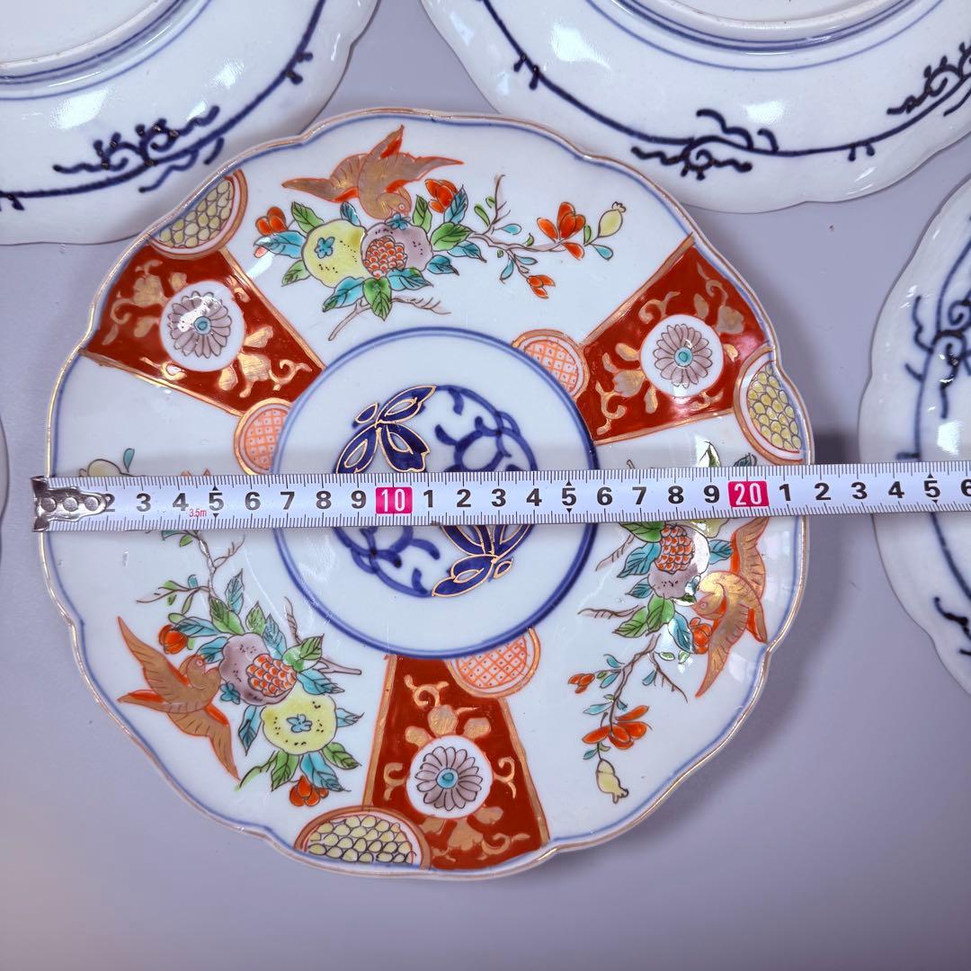 古伊万里　色絵三方柘榴鳥文様七寸皿　8枚　直径21.8㎝　料理屋　古器を楽しむ