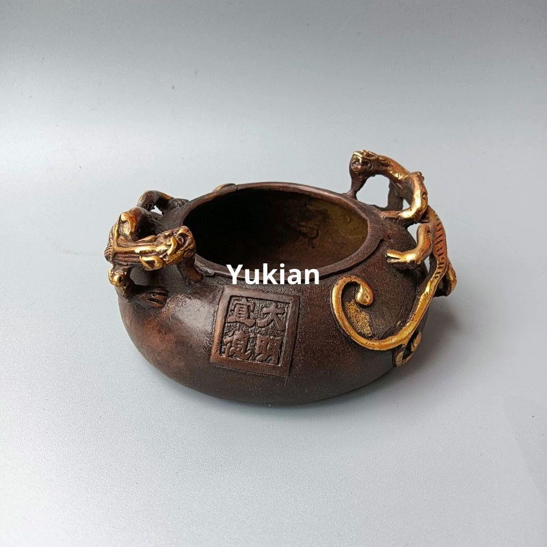 銅製 双龍耳灰皿 筆洗 書道具 文房具 工芸品 装飾品