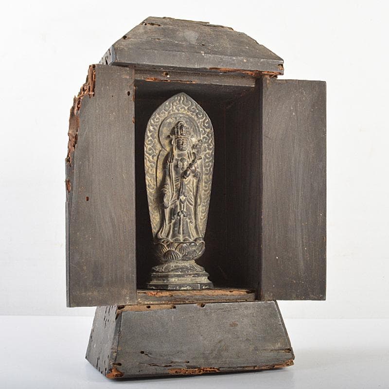 仏教美術　古銅鍍金　観音菩薩像　仏像　置物　観音開逗子付　C　R7239