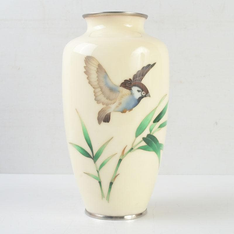 七宝焼　白釉　草鳥文　花瓶　時代箱　V　9663