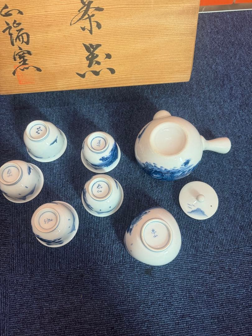 1746 有田焼　染付山水　茶器セット　急須1客　湯冷し1客　湯呑5客　未使用
