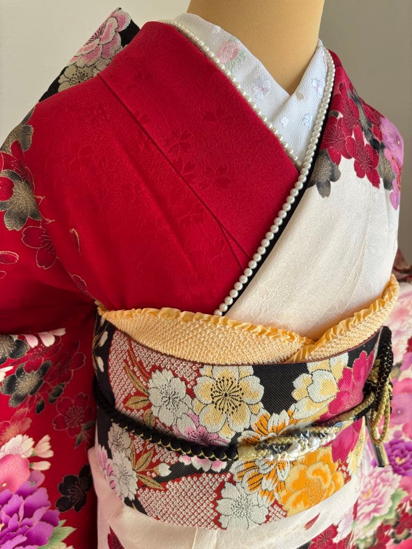 可愛い♡振袖フルセット（７点）　正絹　成人式　白・赤系