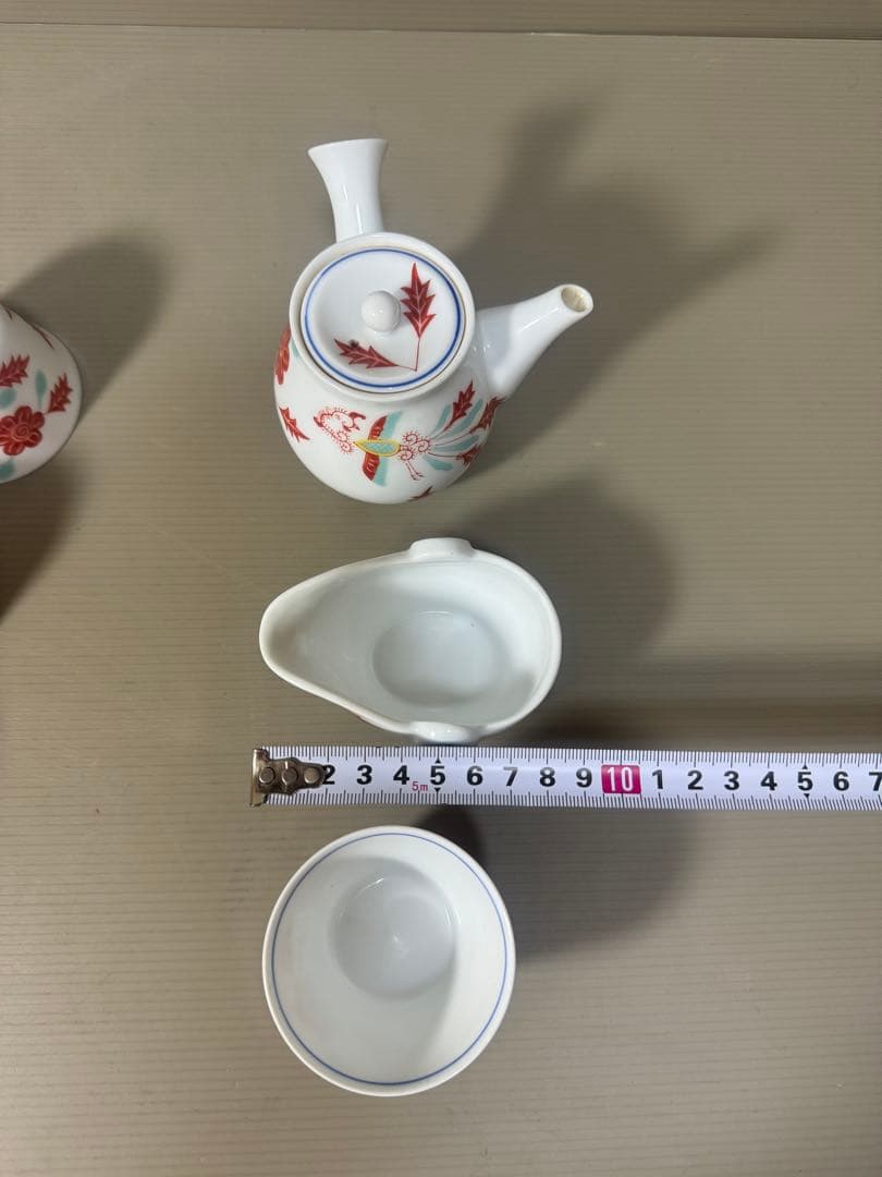 2171 深川製磁　赤絵花草　茶器セット　急須1客　湯冷し1客　湯呑5客