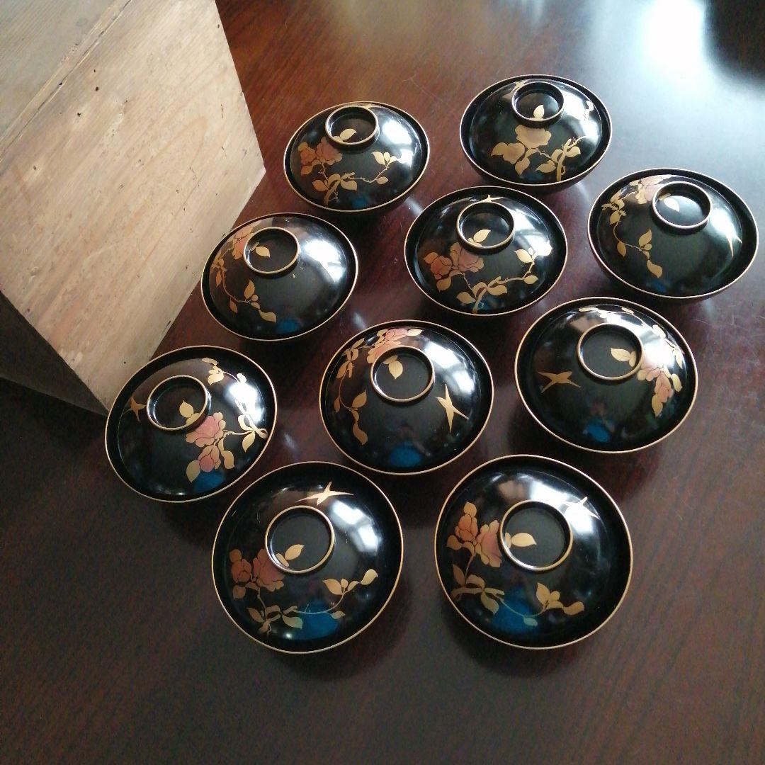 輪島塗　金彩蓋付吸物椀　10客　11.7cm　大正期