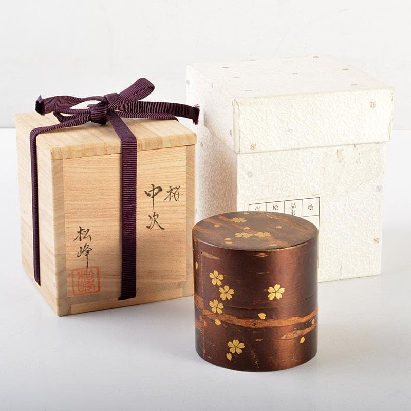 茶道具　中出松峰作　桜蒔絵　桜皮中次　棗　共箱　V　6604
