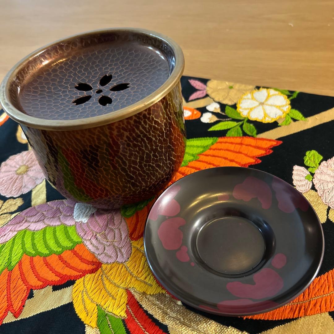 茶こぼし 銅製 花模様　茶托1枚付き