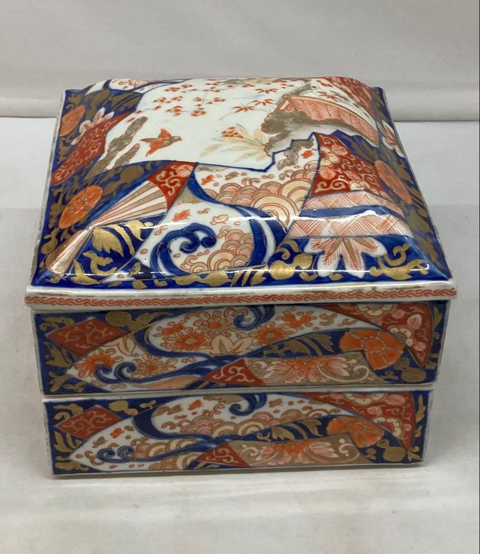 B330s 伊万里焼錦扇面図 二段重箱　食器　江戸・明治時代　有田焼