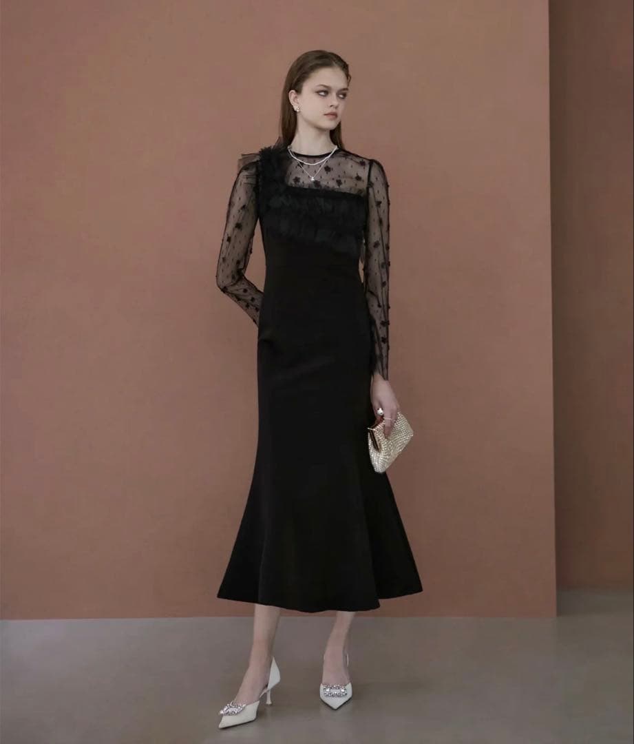 LEJA フラワーモチーフアシンメトリーチュールマーメイドワンピースドレス