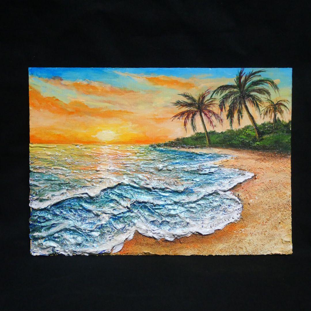 油絵 油彩 油彩画 絵 絵画【夕日の海辺】