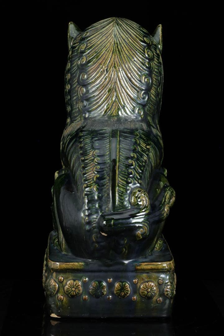 中国古玩 緑釉 獅子像 狛犬 フー犬 フードッグ 古陶磁器 大型62㎝ 古美術