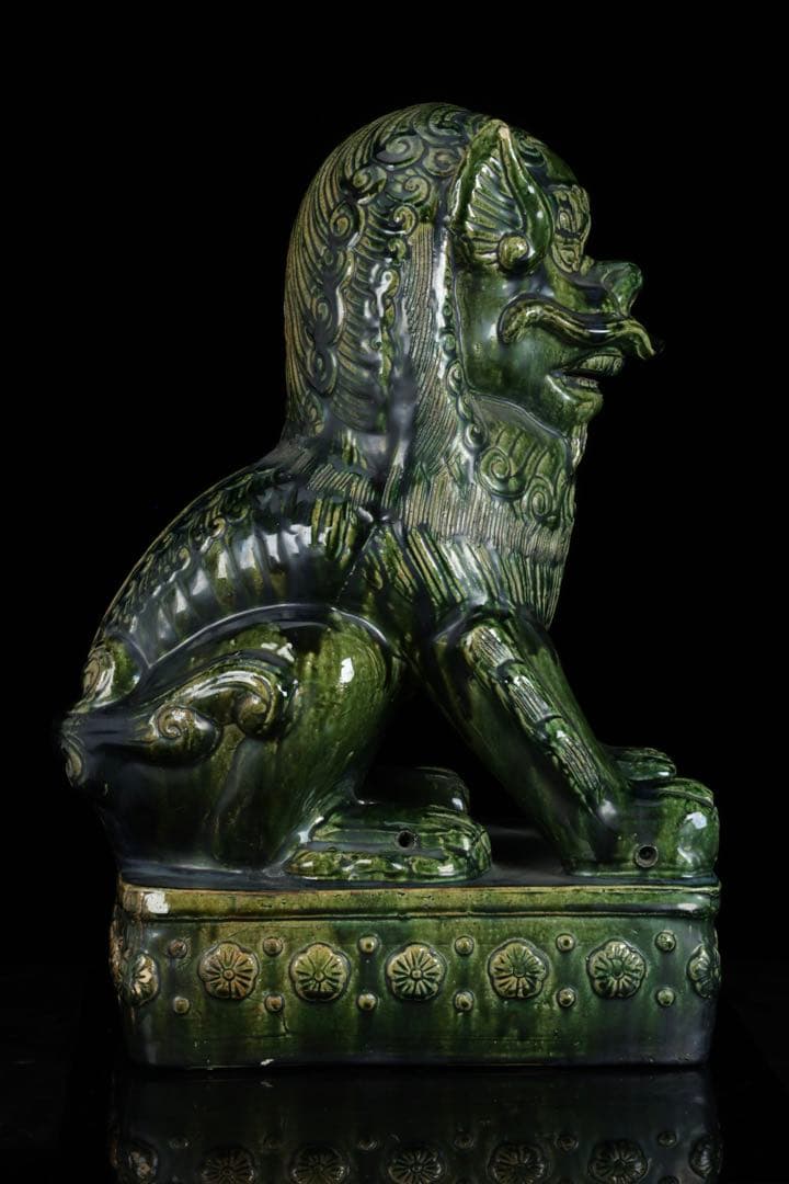 中国古玩 緑釉 獅子像 狛犬 フー犬 フードッグ 古陶磁器 大型62㎝ 古美術