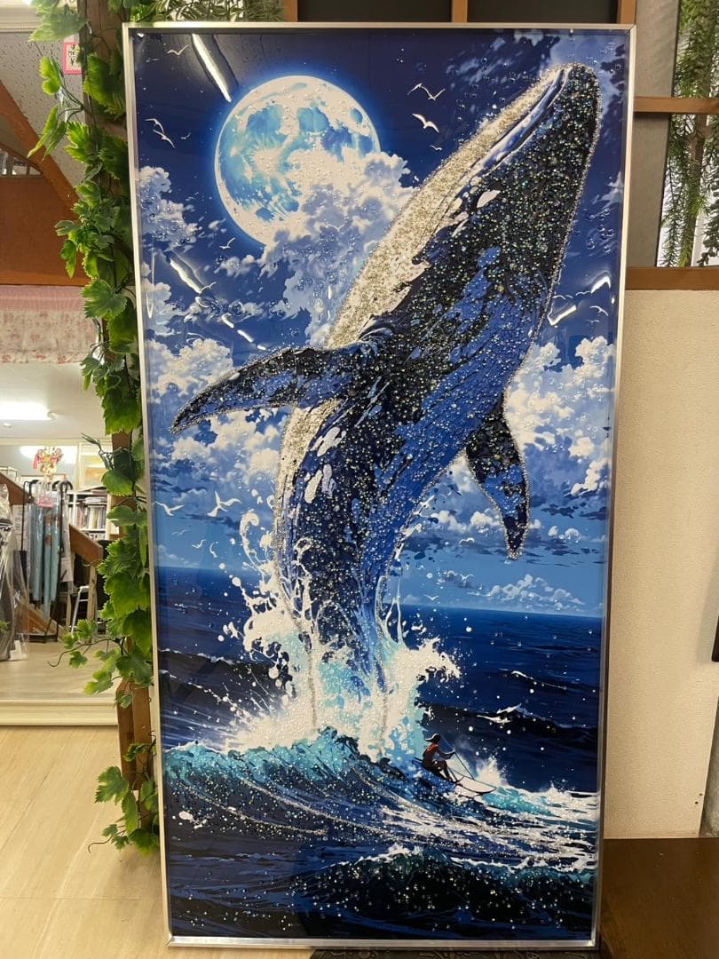 水晶絵　アートパネル　クジラ　くじら　鯨　クリスタル　絵画　アート　海　壁掛け