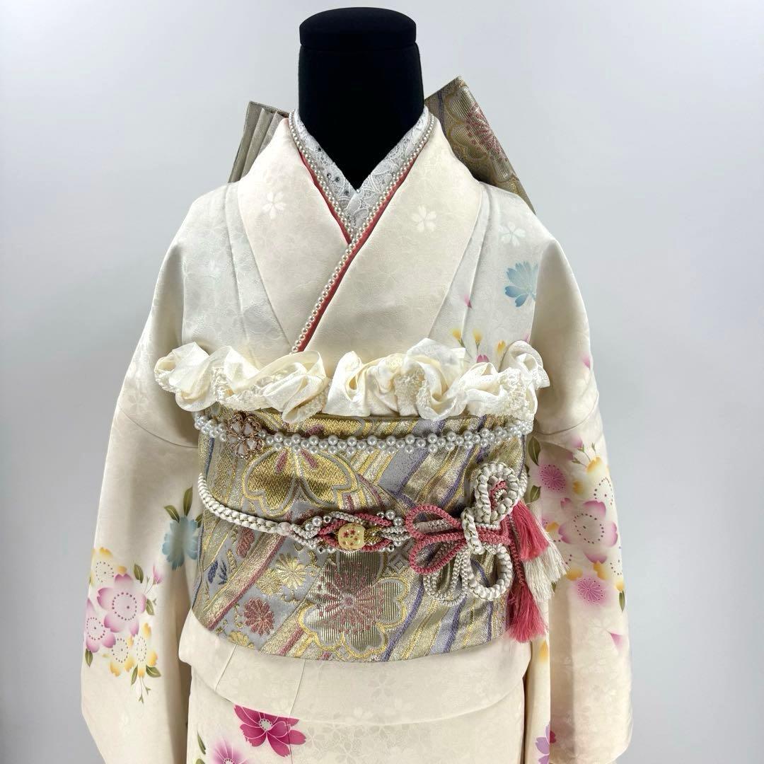 京都きもの友禅　豪華振袖8点フルセット　正絹 　成人式　お正月　パーティ　白地