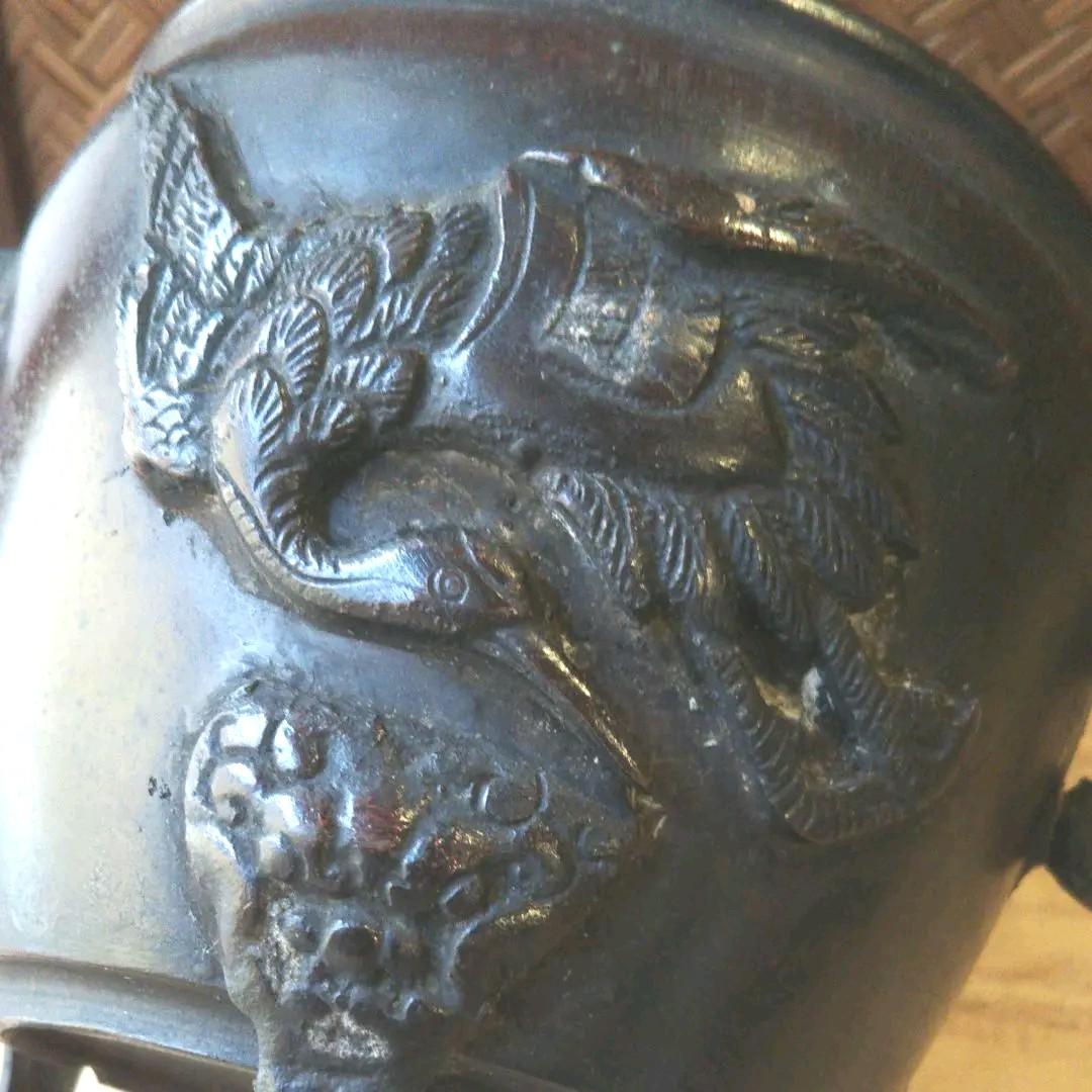 香炉 銅製  一角獣耳  鶴彫り