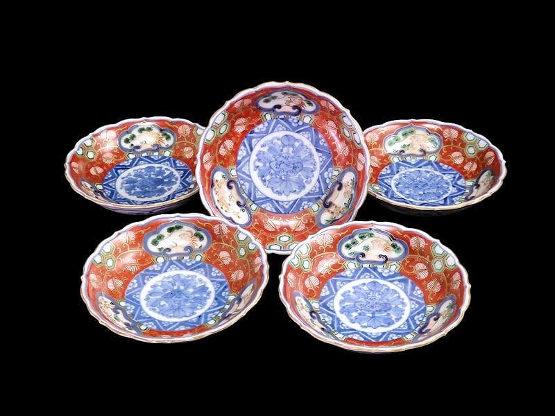 大聖寺伊万里　金襴手　金唐草に亀甲紋の図　４寸皿　５枚　A542AS-DAy