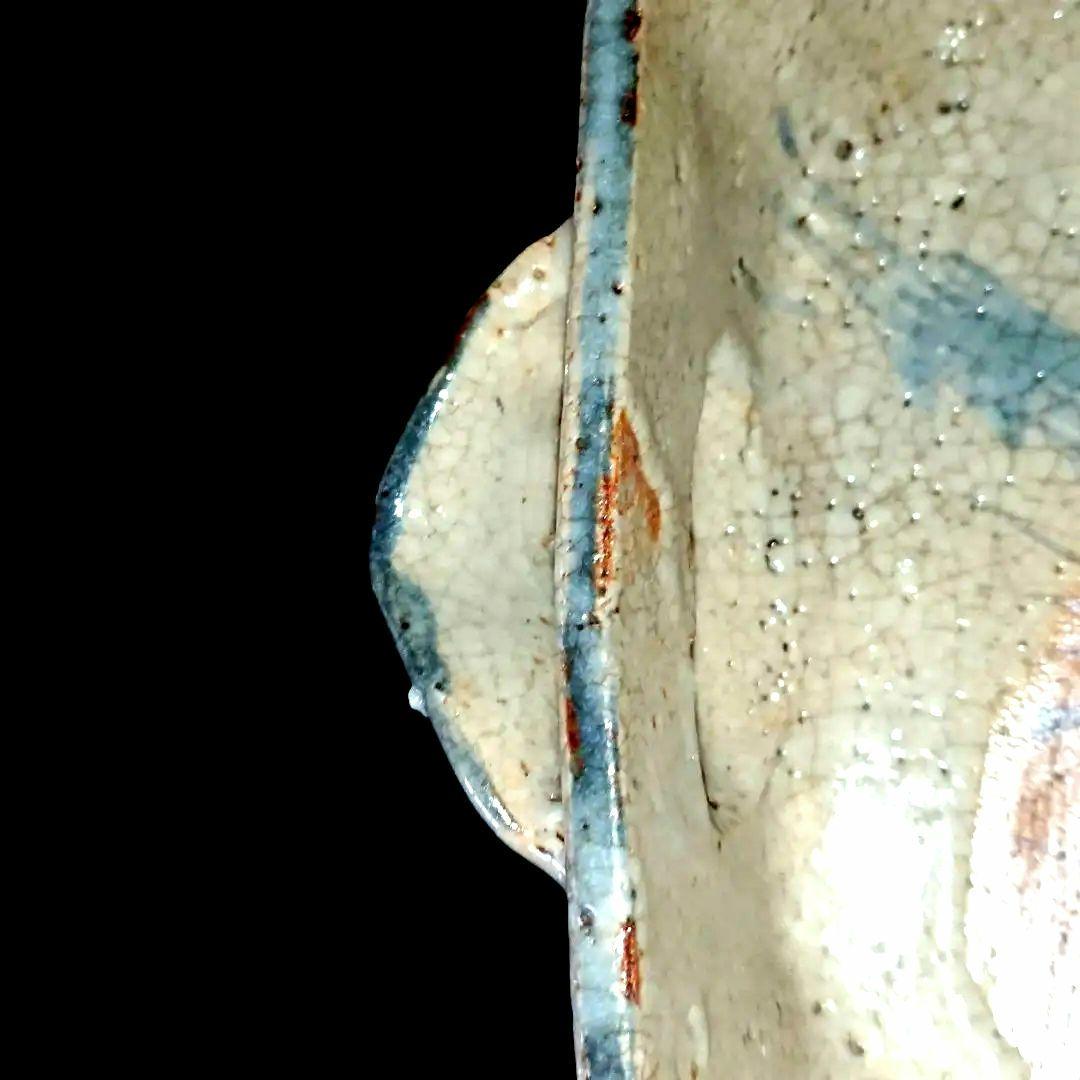 美品 志野焼(美濃焼)『絵志野 閑人取手 四方片口』骨董 アンティーク